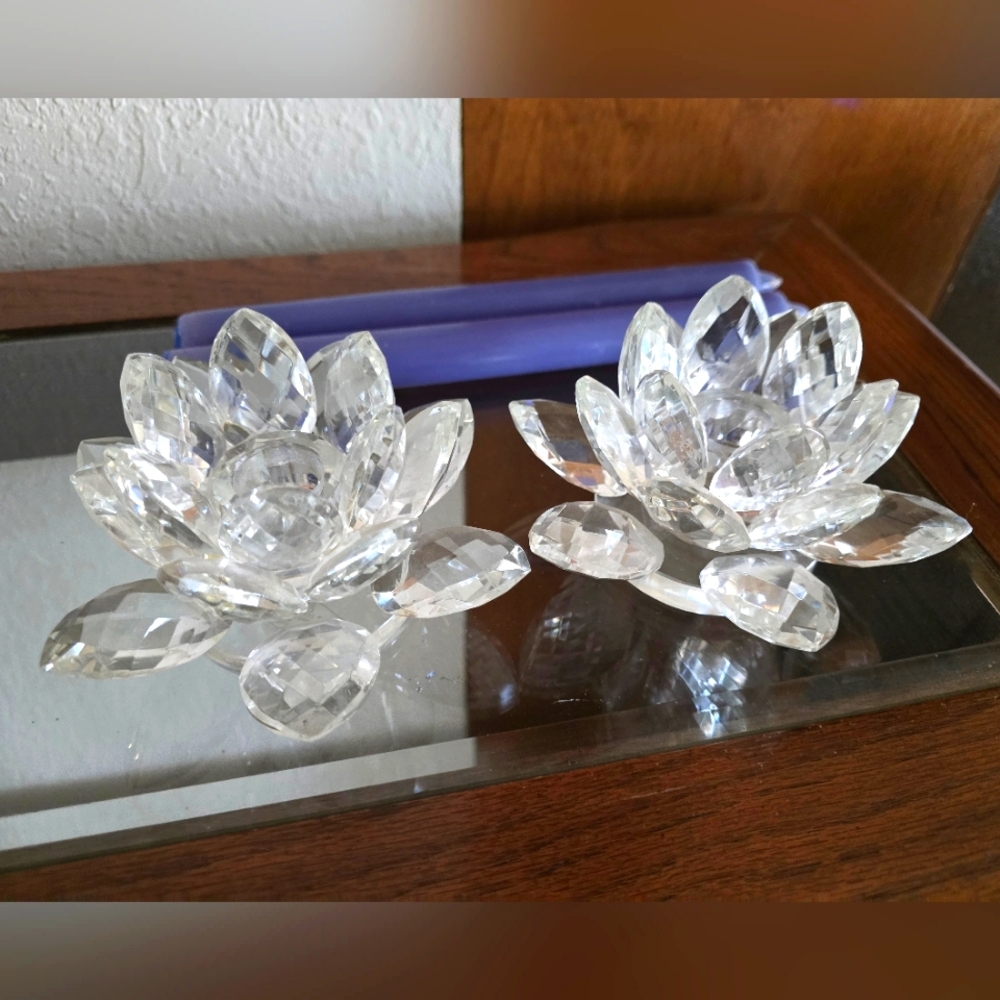 Vintage Shannon Crystal Of Ireland Lotis Flower Tapered Candle Holders-Pair